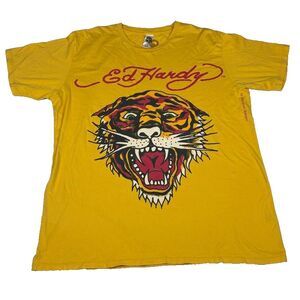 Vintage Ed Hardy T Shirt 2XL Tiger Graphic Yellow Christian Audigier Y2K USA
